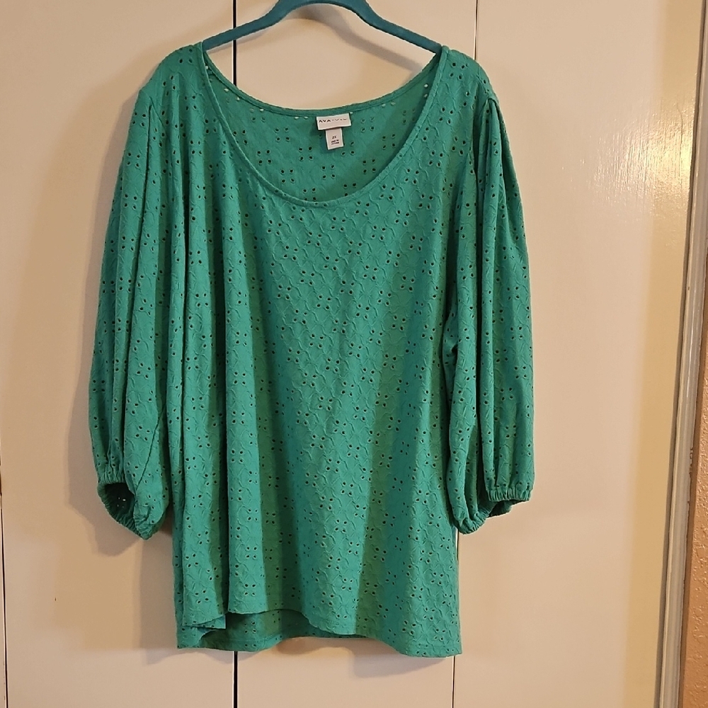 Ava & Viv Green Puff Sleeve EYELET Blouse